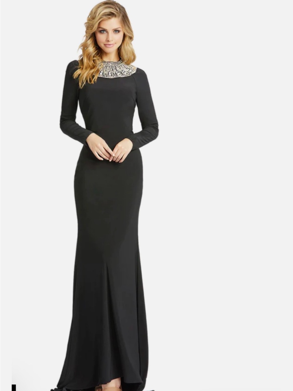 Elegant Black Long-Sleeve Evening Gown with Embellished Collar